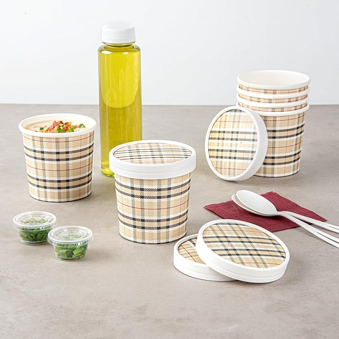 Restaurantware-LIDS ONLY: Bio Tek Soup Container Lids, 200 Disposable Bowl Lids For 12 Ounce Soup Cups - Containers Sold Separately, Vented, Plaid Print Paper Soup Container Lids, Round,