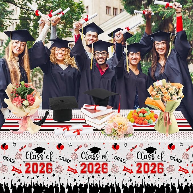 Graduation Decorations Class of 2026 Tablecloth - 3 Pcs Plastic Congrats Grad Table Cloth, Graduation Table Cover for Graduations Party Decorations 2026 and Party Supplies, 54"x108" (Red and Black)
