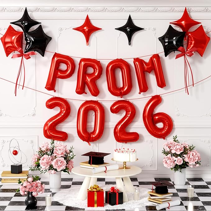Prom 2026 Balloons Banner, 16 inch Red Letter Balloons Prom 2026 Sign Decoration with Black Red Star Balloon for Class of 2026 Congrats Grad Party Birthday Retirement Graduation Party Supplies
