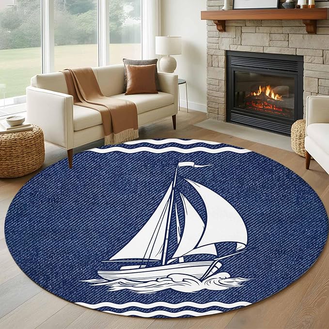 Washable Round Area Rug Nautical Sailing Boat on Steel Blue Circle Rugs Floor Carpet for Living Room Bedroom, Vintage Water Waves Soft Non Slip Round Rug 5ft