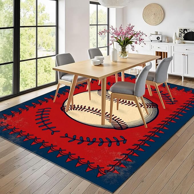 10x14 Area Rugs for Bedroom Boho Washable Man Cave Rug for Living Room Vintage Baseball Stitched Laces Red Sports Soft Rubber Backed Non-Slip Large Carpets for Boys