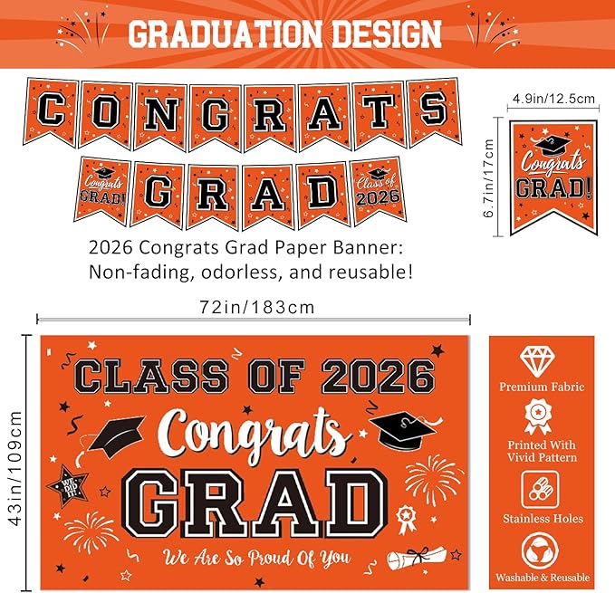 Graduation Decorations Class of 2026 - Orange Graduation Party Supplies Congrats Grad Backdrop & Banner, Hanging Swirls, Porch Sign, Balloons for High School & College Celebrations