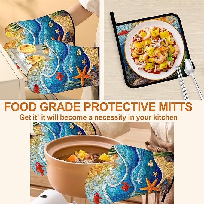 Abstract Ocean Oven Mitts & Potholder Set of 4 - Flower Heat Resistant Kitchen Gloves Hot Pads for Baking, Cooking, Gifts for Women