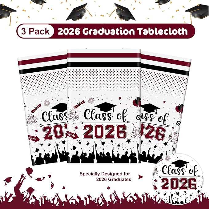 Graduation Decorations Class of 2026 Tablecloth - 3 Pcs Plastic Congrats Grad Table Cloth, Graduations Table Cover for Graduation Party Decorations 2026 and Party Supplies, 54"x108" (Maroon and Black)