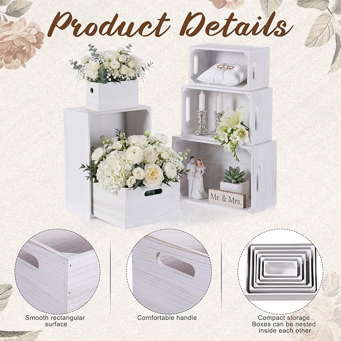 AceOrbit Set of 6 Wood Crates with Handles, Rustic Decorative Storage Boxes Distressed Wooden Nesting Display Baskets for Farmhouse, Wedding, Party Storage Display Supplies(Vintage White)