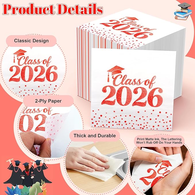 Graduation Napkins - Class of 2026 Napkins Disposable Paper Napkins Congrats Grad Cocktail Napkins Graduation Decorations 2026 Red Napkins Hand Towels for College Graduation Party Decorations 100 Pcs