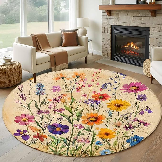 Washable Round Area Rug Farmhouse Colorful Small Flower Circle Rugs Floor Carpet for Living Room Bedroom, Retro Backdrop Seamless Soft Non Slip Round Rug 5ft