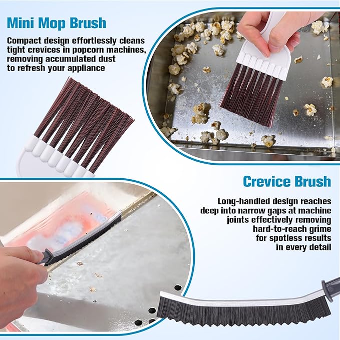 XANGNIER Popcorn Machine Cleaning Kit Accessories-8Pcs Multi-Functional Cleaner Set with Long-Handled Brush,Crevice Brush & Oil-Absorbing Cloth for Deep Clean of Popcorn Popper,Hot Pot & Glass Door