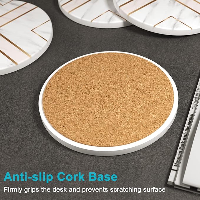 Nipichsha Coasters for Drinks, Set of 6 Cute Absorbent Ceramic Drink Coasters for Cup with Holder and Cork Base, Kitchen Home Decor Housewarming Gift, Round 4 in, White Gold Line