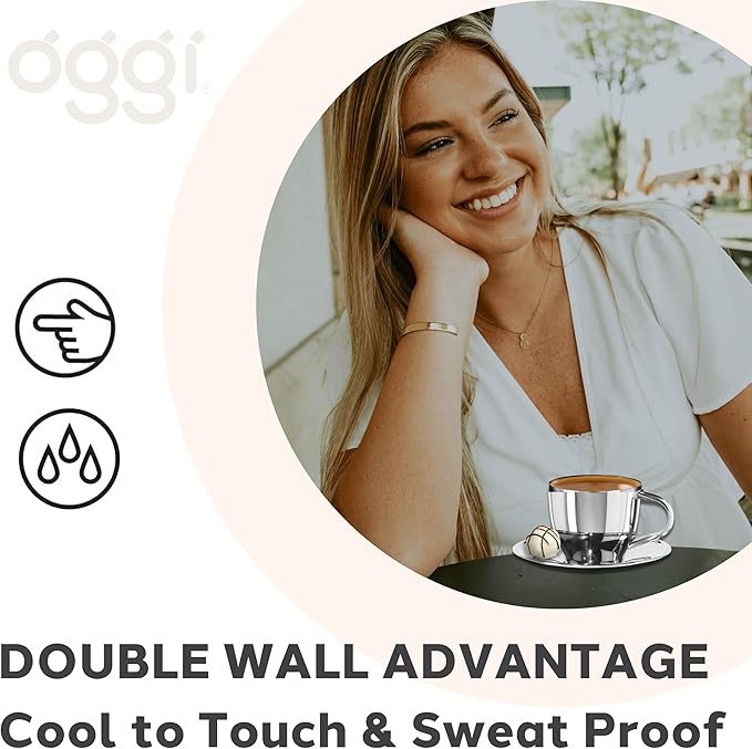 Oggi Insulated Coffee Cups 6oz - Saucer Included - Dual Wall Stainless Steel Technology Coffee or Tea Cup with Elegant Mirror Finish