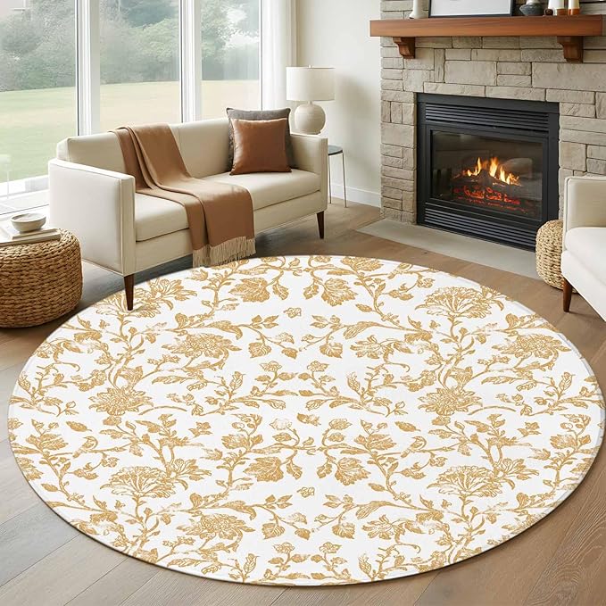 Washable Round Area Rug Vintage Farmhouse Flowers Pattern Circle Rugs Floor Carpet for Living Room Bedroom, Yellow Floral Art Soft Non Slip Round Rug 5ft