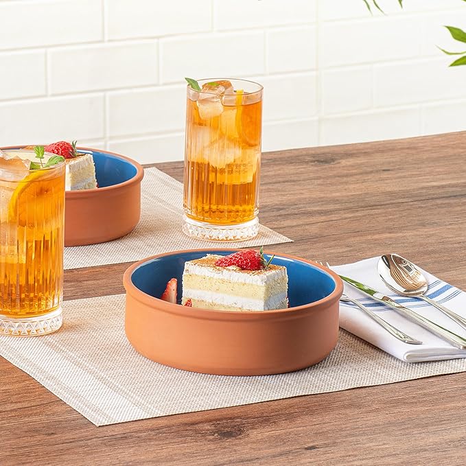 Restaurantware-Terra Tek 34 Ounce Terracotta Cazuelas, 2 Blue Glazed Clay Pots For Cooking - Oven-Ready, Microwavable, Terracotta Serving Pots, Dishwashable, For Cooking And Serving