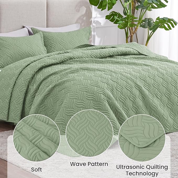 Love's cabin Quilts for Full Bed Sage Bedspreads Bedding Set - Lightweight Bedspread Comforter - Wave Pattern Bedding Coverlet for All Season - 3 Pieces (1 Quilt, 2 Pillow Shams)