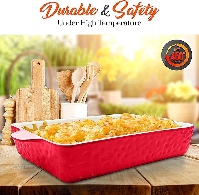 NutriChef 3-Piece Ceramic Casserole Dish for Oven - Premium Lasagna Baking Pans w/ Nonstick Coating & Built-In Handles - Dishwasher & Microwave Safe - 14" x 8", 10" x 6", 7" x 5" - Red
