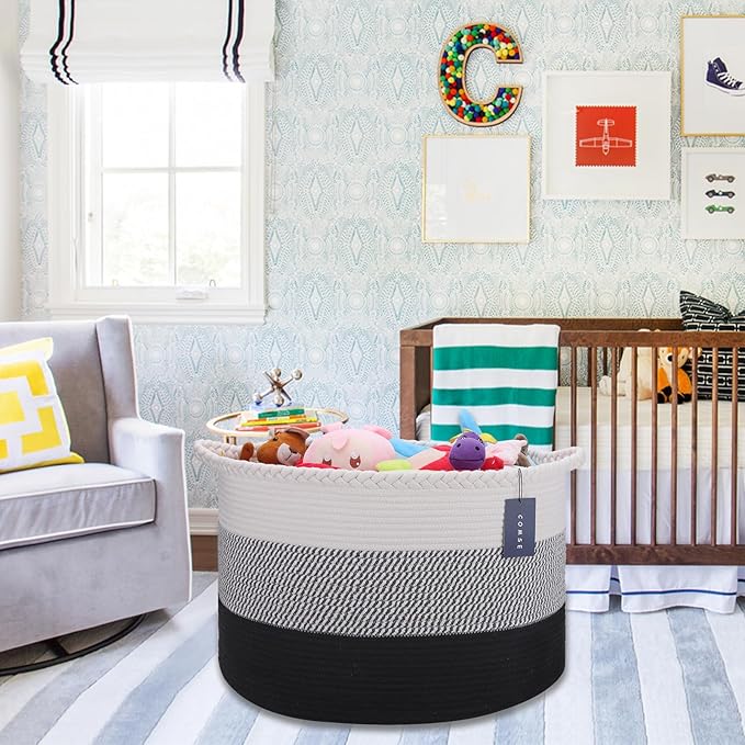 COMSE Extra Large Blanket Basket, Woven Laundry Basket, 21.7”x 13.8”, Nursery Hamper, Cotton Rope Laundry Hamper Living Room for Storage Toys Clothes Towels (White &Gray &Black)