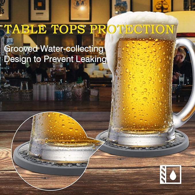 Silicone Coasters for Drinks, Non‑Slip Spill‑Proof Heat Resistant Drink Coasters 2-Piece Set, Reusable Washable Table Protection for Home Decor Kitchen Office, Bar(2Pack,Gray)