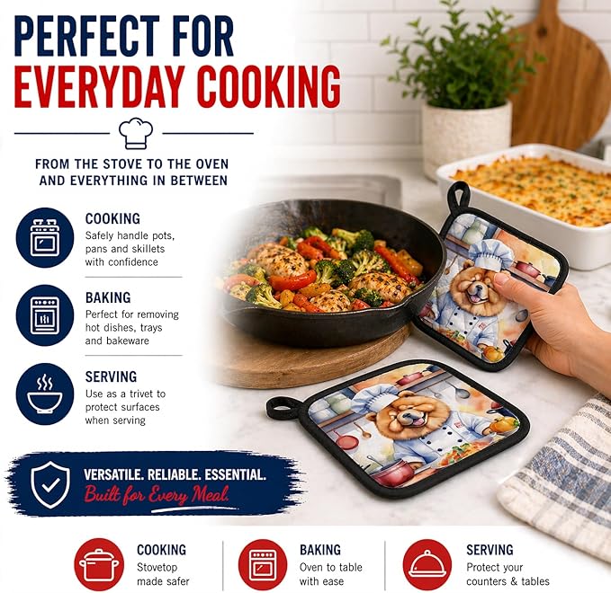 Caroline's Treasures Chow Chow The Chef Pair of Pot Holders Kitchen Heat Resistant Pot Holders Sets Oven Hot Pads for Cooking Baking BBQ, 7 1/2 x 7 1/2
