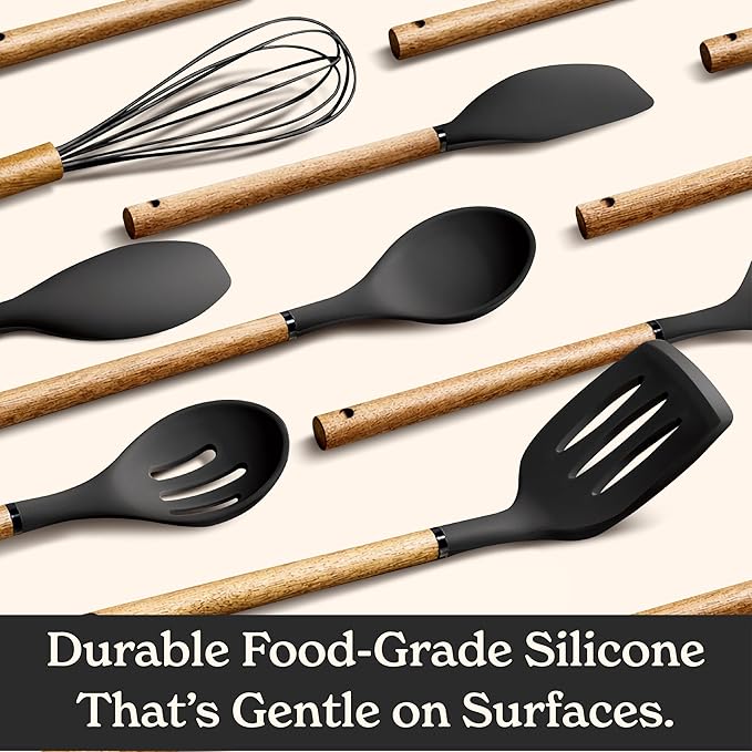 Country Kitchen Non Stick Silicone Utensil Set with Rounded Wood Handles for Cooking and Baking, 8 Piece Set, Black