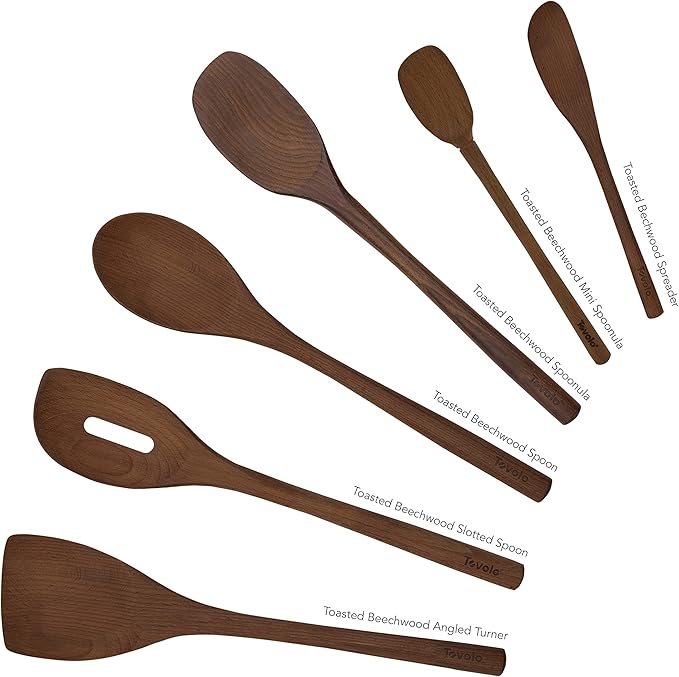 Tovolo Beechwood Cooking Utensils for Cooking Baking Meal Prep Set of 6 Wooden Turner Mixing Slotted Spoon Sandwich Spreader Spoonula Bundle, Long Handle Beechwood Wooden Kitchen Cooking Utensils