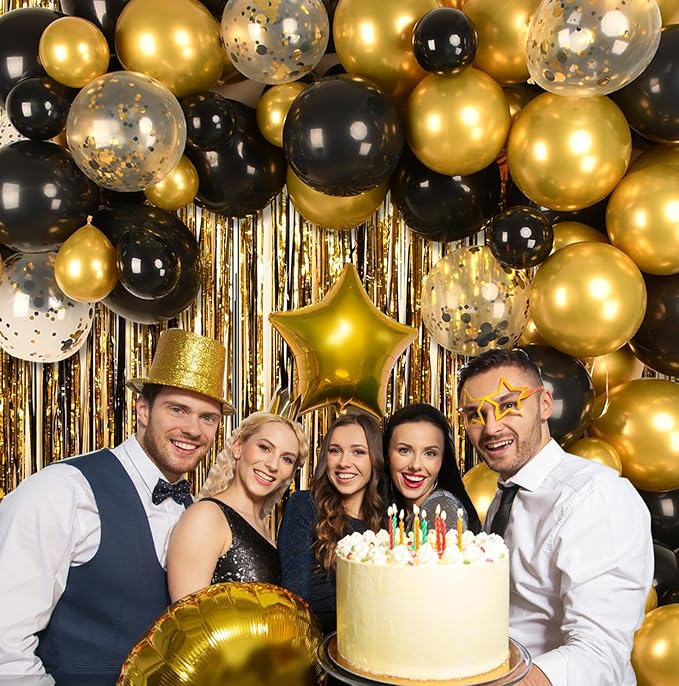 New Years Eve Party Supplies 2026 Kit - Pack of 153, Huge Gold 2026 Balloons,Happy New Year Banner,Black and Gold Hanging Swirls, Gold Fringe Backdrop for NYE Decorations 2026