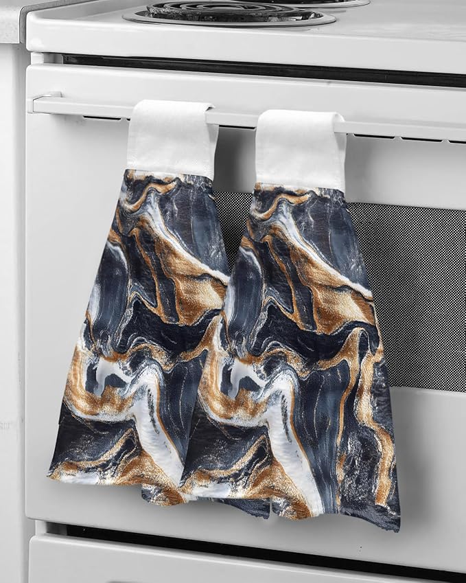 Alandar Home Kitchen Tie Towel Set of 2, Abstract Marble Minimalist Art Absorbent Soft Hand Towels for Bathroom Hanging Towels, Watercolor Stone Stripe Texture Fast Drying Cleaning Cloth with Loop