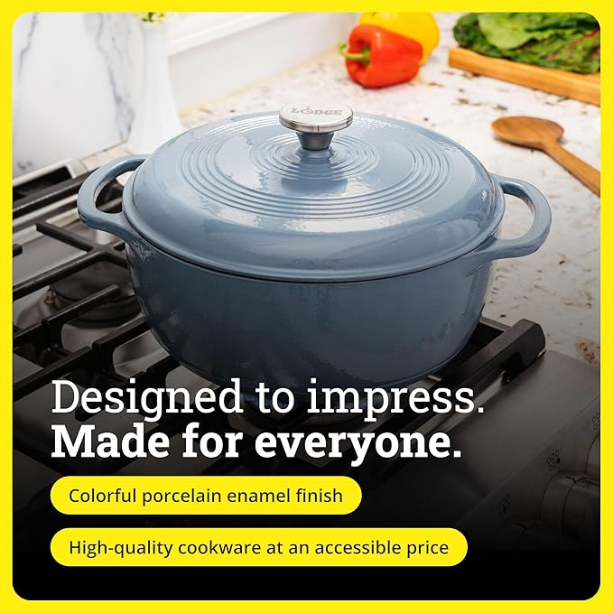 Lodge Essential Enamel Cast Iron Dutch Oven - Perfect for Bread Baking, Braising, Marinating & Slow Cooking - Features Moisture-Sealing Lid & Dual Handles - Kitchen Essentials - 6 Quarts - Storm Blue