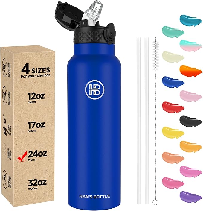 Han's Bottle Sports Water Bottle - 24 Oz, Straw Lid, Leak Proof, Vacuum Insulated Stainless Steel, Double Walled, Thermo Mug,Klein Blue