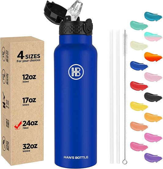 Han's Bottle Sports Water Bottle - 24 Oz, Straw Lid, Leak Proof, Vacuum Insulated Stainless Steel, Double Walled, Thermo Mug,Klein Blue