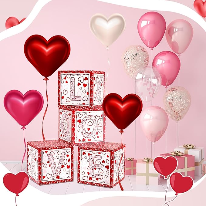 4 Pcs Valentines Day Balloon Box Valentines Day LOVE Balloon Box School Party Decorations Balloons Boxes for School Classroom Bedroom Preschool Party Decorations