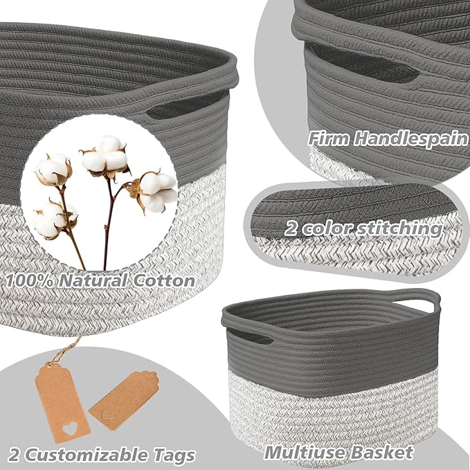 Woven Storage Basket, Cotton Rope Closet Organizers Bins for Clothes Blanket Towels, Stylish Gift Baskets with Handles, 13.4 x 9.3 x 9.5 in, Grey and Dark Gray (Pack of 1)
