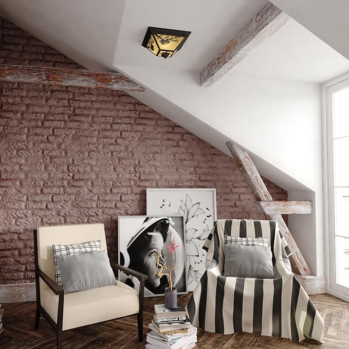 VAXCEL Douglas Warm Bronze Rustic Outdoor Flush Mount Ceiling Light Pine Cone Motif Amber Glass