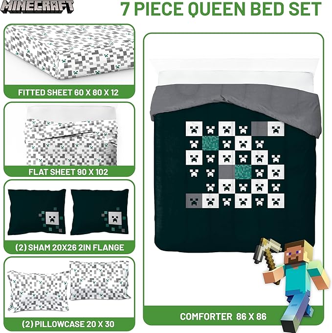 Jay Franco Minecraft Creeper Queen Comforter Set - 7 Piece Gamer Bedding Includes Sheet Set & Pillow Covers - Super Soft Checkered Bedding