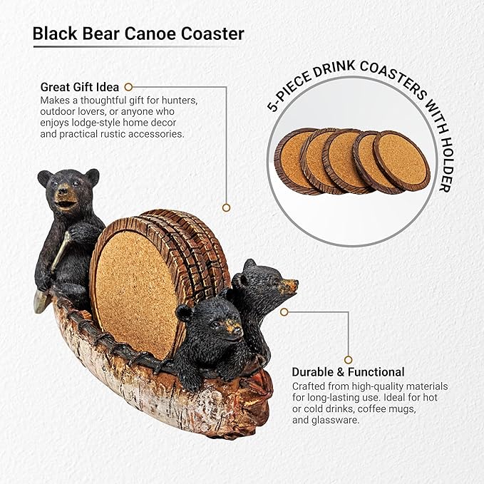 Black Bear Canoe Coaster Set with Holder - Pine Ridge 3 Rustic Black Bear Cabin Decor Absorbent Coaster Drink - Set of 5 Drink Coaster Set