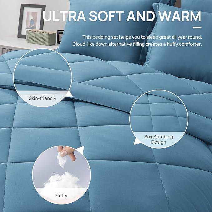 Love's cabin Twin XL Comforter Set Misty Blue, 5 Pieces Twin XL Bed in a Bag, All Season Bedding Sets with 1 Comforter, 1 Flat Sheet, 1 Fitted Sheet, 1 Pillowcase and 1 Pillow Sham | Soft, Breathable, Lightweight, Comfortable
