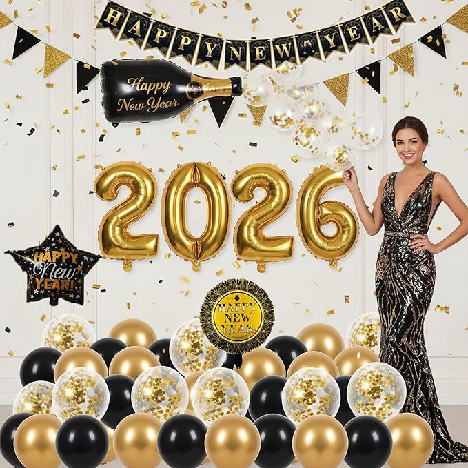 2026 New Year's Eve Decorations Kit - Black Gold White Confetti Balloons Happy New Year Banner, Jumbo 2026 Mylar Balloons,Curtain, Champagne Bottle for New Year's Eve Party Decorations