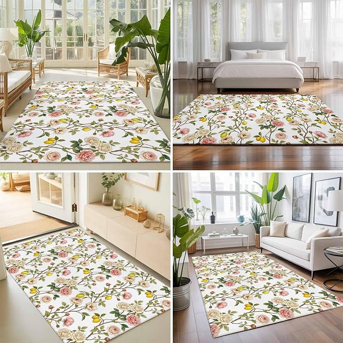 Area Rug 9x12ft, Country Blossom Flower Plant Washable Rugs for Living Room Bedroom Rectangle Floor Carpet, Summer Lemon Leaf Seamless Soft Non-Slip Area Rugs for Dining Room