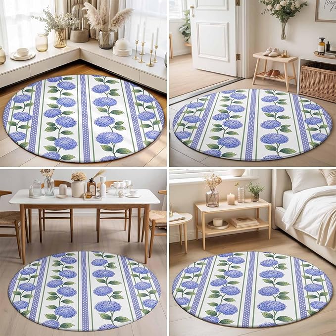 Washable Round Area Rug Garden Purple Hydrangea Flower Circle Rugs Floor Carpet for Living Room Bedroom, Watercolor Floral Leaves Soft Non Slip Round Rug 3ft