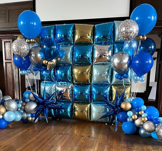 Blue Square Foil Balloon Wall,25Pcs Double Sided Balloons Backdrop Helium Polyester Film Balloon Tunnel Arch Garland Kit for Birthday Bridal Anniversary Baby Shower Party Decorations