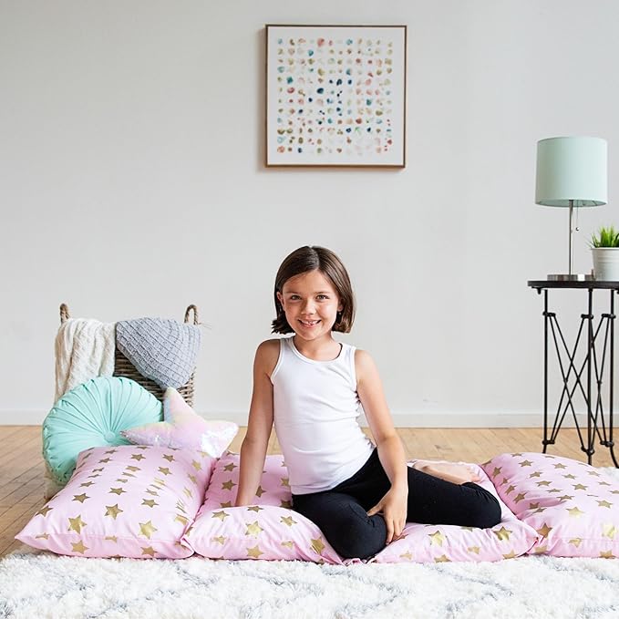 Wildkin Kids Pillowcase Lounger Cover – Travel-Friendly Sleepover Lounger, Fits Standard Pillows (Pillows Not Included), Soft Cotton Blend, Fun Patterns for Boys & Girls - Pink and Gold Stars