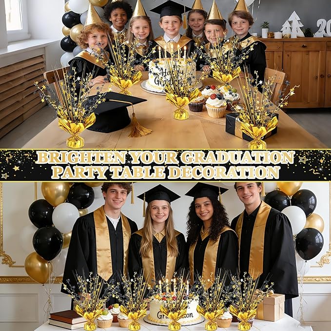 18 Pack 2026 Graduation Table Centerpiece Decoration Metallic Foil Spray Centerpiece Glitter Star Brust Table Topper Decoration for Graduation Birthday New Year Holiday Party Supplies (Black and Gold)