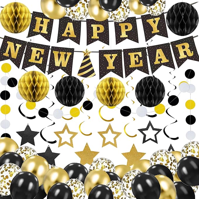 New Year's Eve Party Supplies 2026 - Happy New Year Banner, Balloons, Star Foil Streamers and Dot Garlant with Black Gold Honeycomb Ball Backdrop for 2026 New Year Decorations
