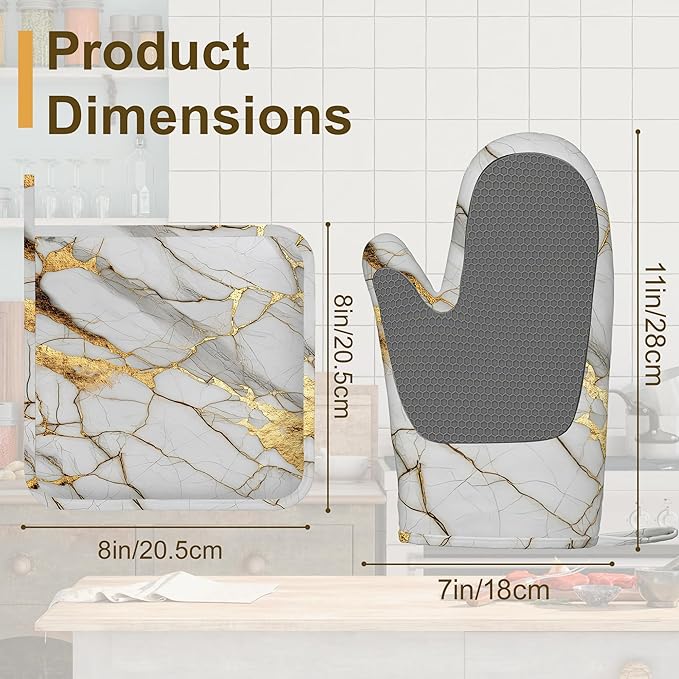White Gold Marble Oven Mitts and Pot Holders Sets,Silicone Abstract Kitchen Mitts Potholders Heat Resistant 4Pcs Oven Gloves Hot Pads for Kitchen Baking Cooking