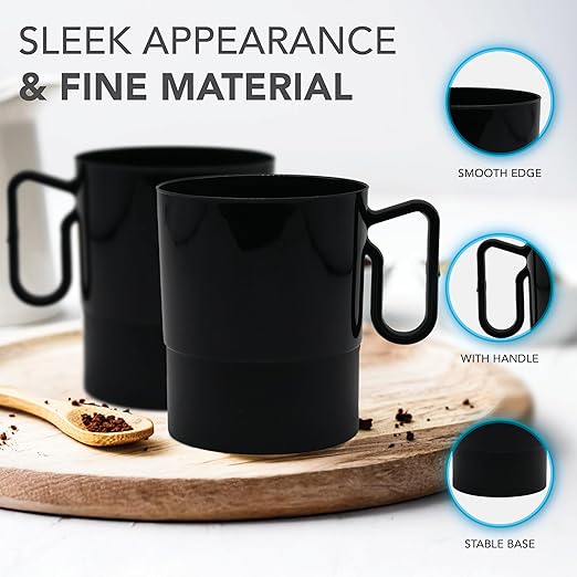 Party Essentials Bistro Hard Plastic Coffee Cup/Tea Mug w/Handle, 40 Count, 8-Ounce, Black