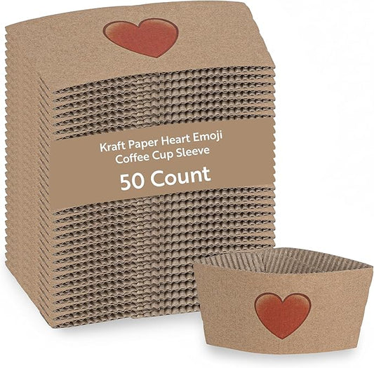 Restaurantware Coffee Sleeves Pack of 50 Corrugated Kraft Paper Coffee Cup Sleeves Fit for 12,16, 20-Ounce Hot Beverages Drinkwares Secure Grip Disposable with Heart Emoji for Valentine's Day