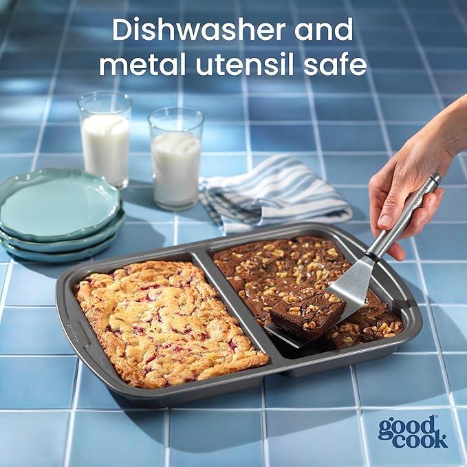 GoodCook Everyday Divided Baking Pan 1.5-Inch Deep 2-Section Non-Stick Scratch-Resistant Carbon Steel Construction for Meal Prepping & Sheet Pan Dinners, 11x15-Inch, Gray