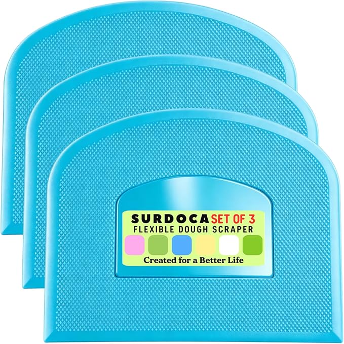 SURDOCA Dough Scraper Bench Scraper - 3P 7.1x4.9" Plastic Flexible Bowl Scraper, Sharp Edge & Angles Cake Scraper. Non-Slip Bakeware Decorating Tools Sculpting & Modeling Tools - Pure Blue