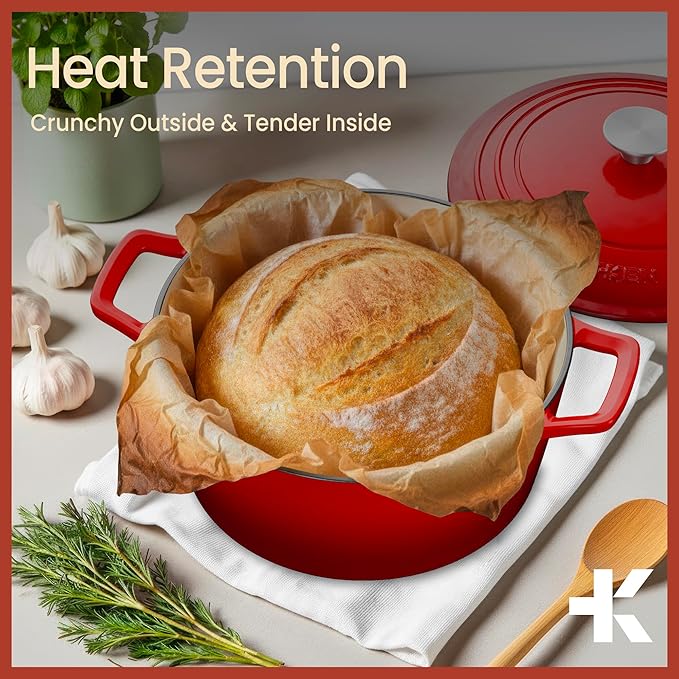 Bakken Enameled Cast Iron Dutch Oven Pot, 6QT Dutch Oven for Bread Baking, Braising & Roasting, Kitchen & Campfire Cooking, Moisture-Locking Lid, Oven Safe Up To 500°F, Works on All Cooktops, Red