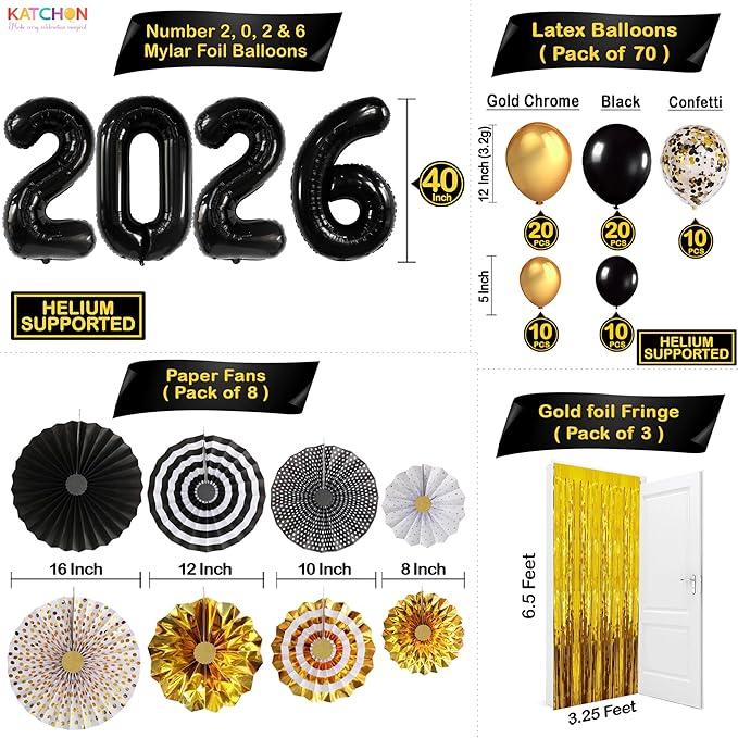 KatchOn, Happy New Years Decorations 2026 Black and Gold Set - Big Pack of 115 | Happy New Year Balloon Arch Kit | Black 2026 Balloons, Fringe Backdrop | New Years Eve Party Supplies 2026
