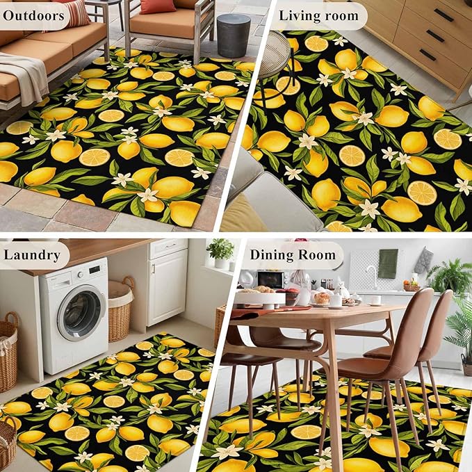 Area Rug 4x6ft, Summer Lemon Flower Washable Rugs for Living Room Bedroom, Plant on Black Soft Non-Slip Area Rugs Rectangle Floor Carpet for Dining Room