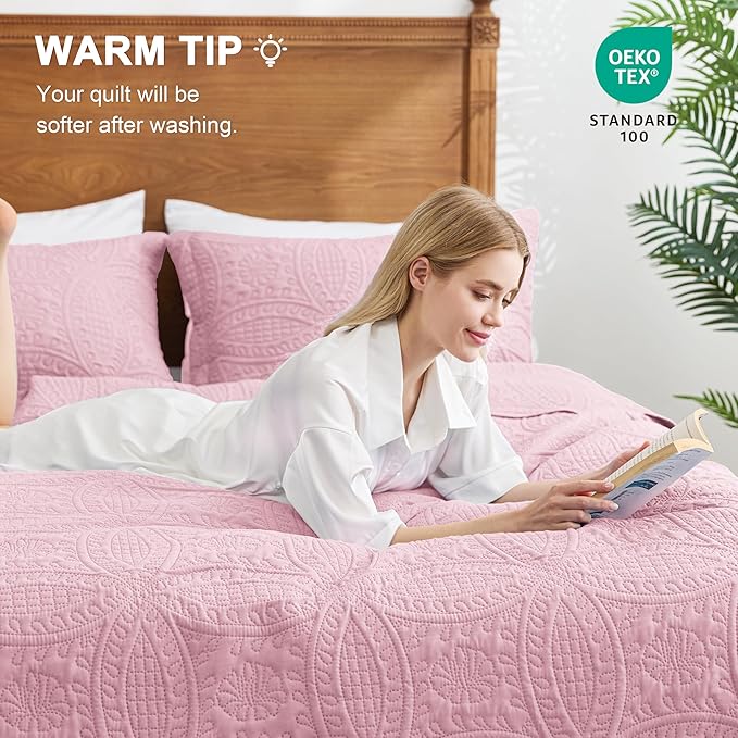 Love's cabin King Size Quilt Set Pink Bedspreads - Soft Bed Summer Lightweight Bedspread Comforter - Modern Style Coin Pattern Coverlet for All Season - 3 Pieces (1 Quilt, 2 Pillow Shams)